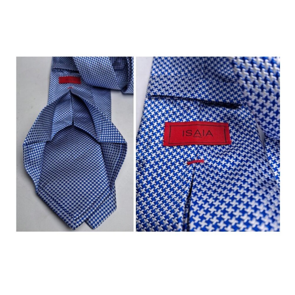 ISAIA 7 Fold Tie Men Silk ITALY Blue Illusion Geometric Quiet Luxury 3.25"x 60"
